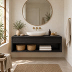 Floating Solid Oak Bathroom Vanity, Natural Wood Wall-Mounted Console with Drawer & Open Shelf