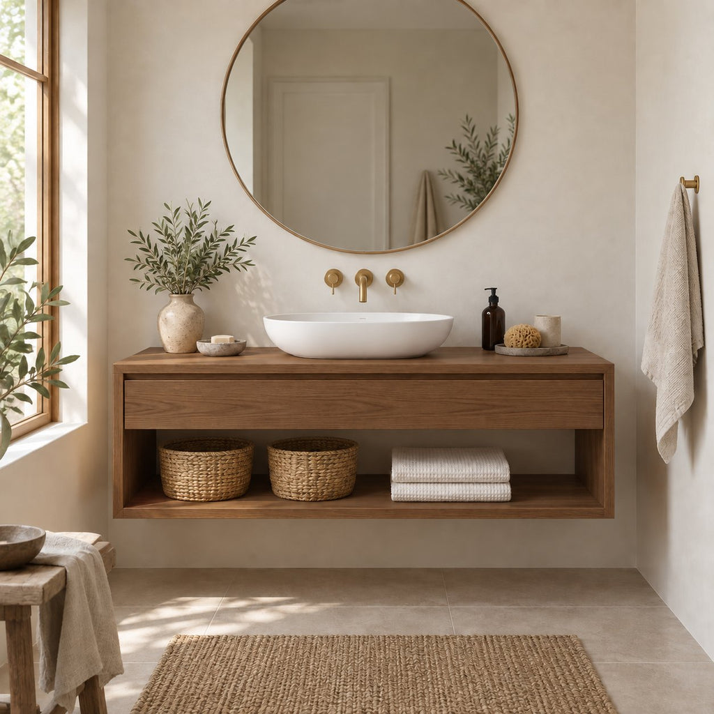 Floating Solid Oak Bathroom Vanity, Natural Wood Wall-Mounted Console with Drawer & Open Shelf
