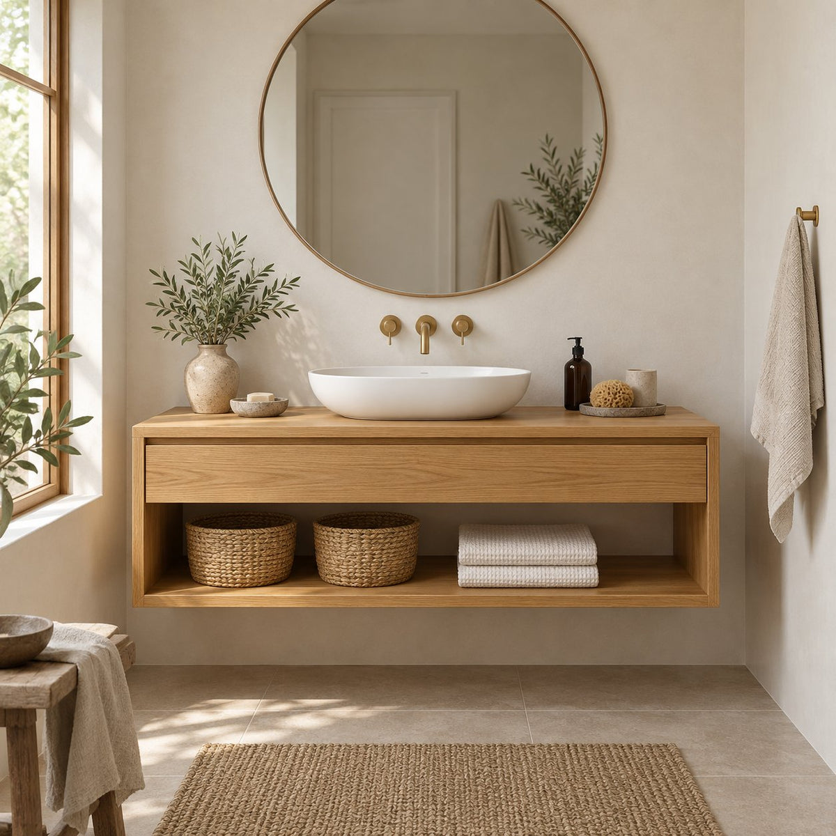 Floating Solid Oak Bathroom Vanity, Natural Wood Wall-Mounted Console with Drawer & Open Shelf