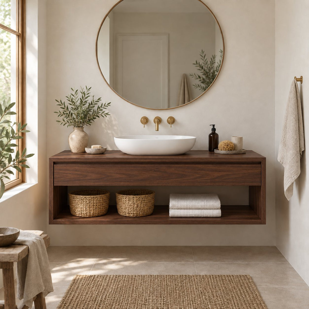 Floating Solid Oak Bathroom Vanity, Natural Wood Wall-Mounted Console with Drawer & Open Shelf