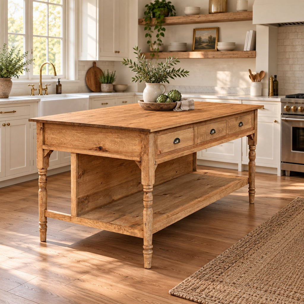 Turned-Leg Solid Pine Kitchen Island, Natural Wood Farmhouse Prep Table with 3 Drawers & Storage Shelf