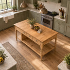 Turned-Leg Solid Pine Kitchen Island, Natural Wood Farmhouse Prep Table with 3 Drawers & Storage Shelf