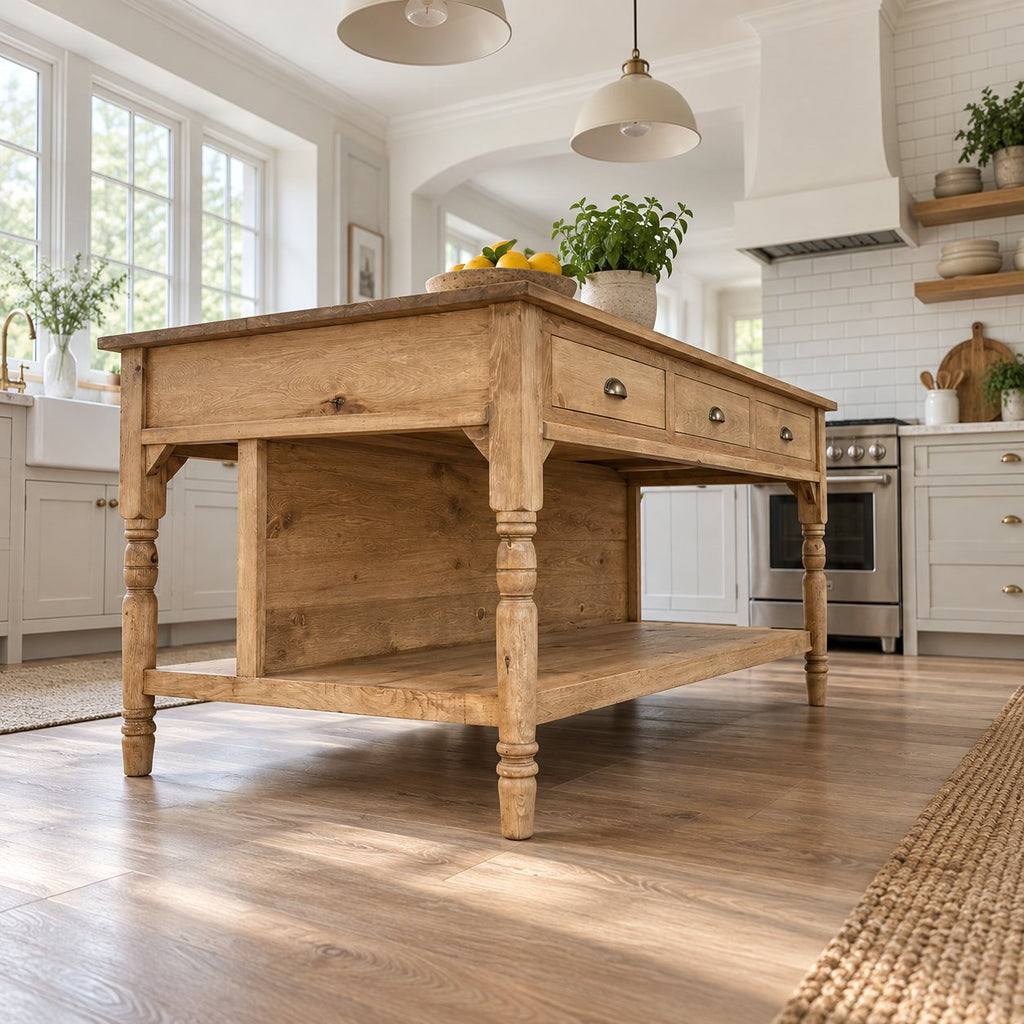 Turned-Leg Solid Pine Kitchen Island, Natural Wood Farmhouse Prep Table with 3 Drawers & Storage Shelf