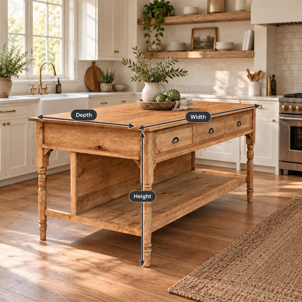 Turned-Leg Solid Pine Kitchen Island, Natural Wood Farmhouse Prep Table with 3 Drawers & Storage Shelf