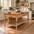 Turned-Leg Solid Pine Kitchen Island, Natural Wood Farmhouse Prep Table with 3 Drawers & Storage Shelf