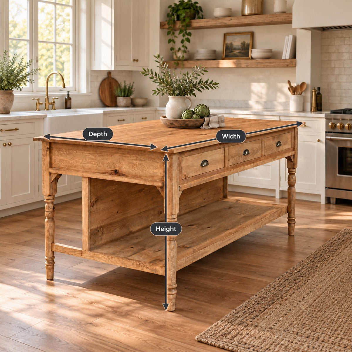 Turned-Leg Solid Pine Kitchen Island, Natural Wood Farmhouse Prep Table with 3 Drawers & Storage Shelf