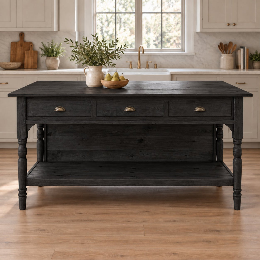 Turned-Leg Solid Pine Kitchen Island, Natural Wood Farmhouse Prep Table with 3 Drawers & Storage Shelf