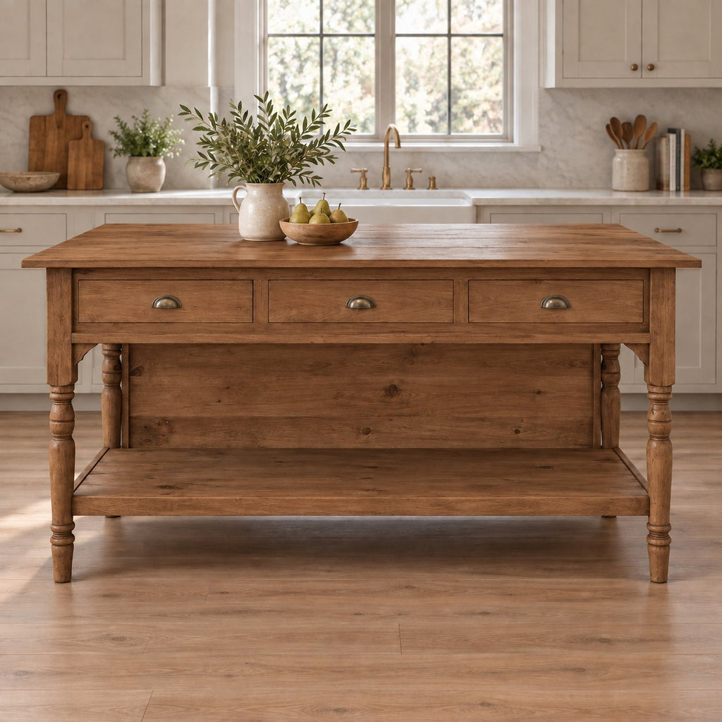 Turned-Leg Solid Pine Kitchen Island, Natural Wood Farmhouse Prep Table with 3 Drawers & Storage Shelf