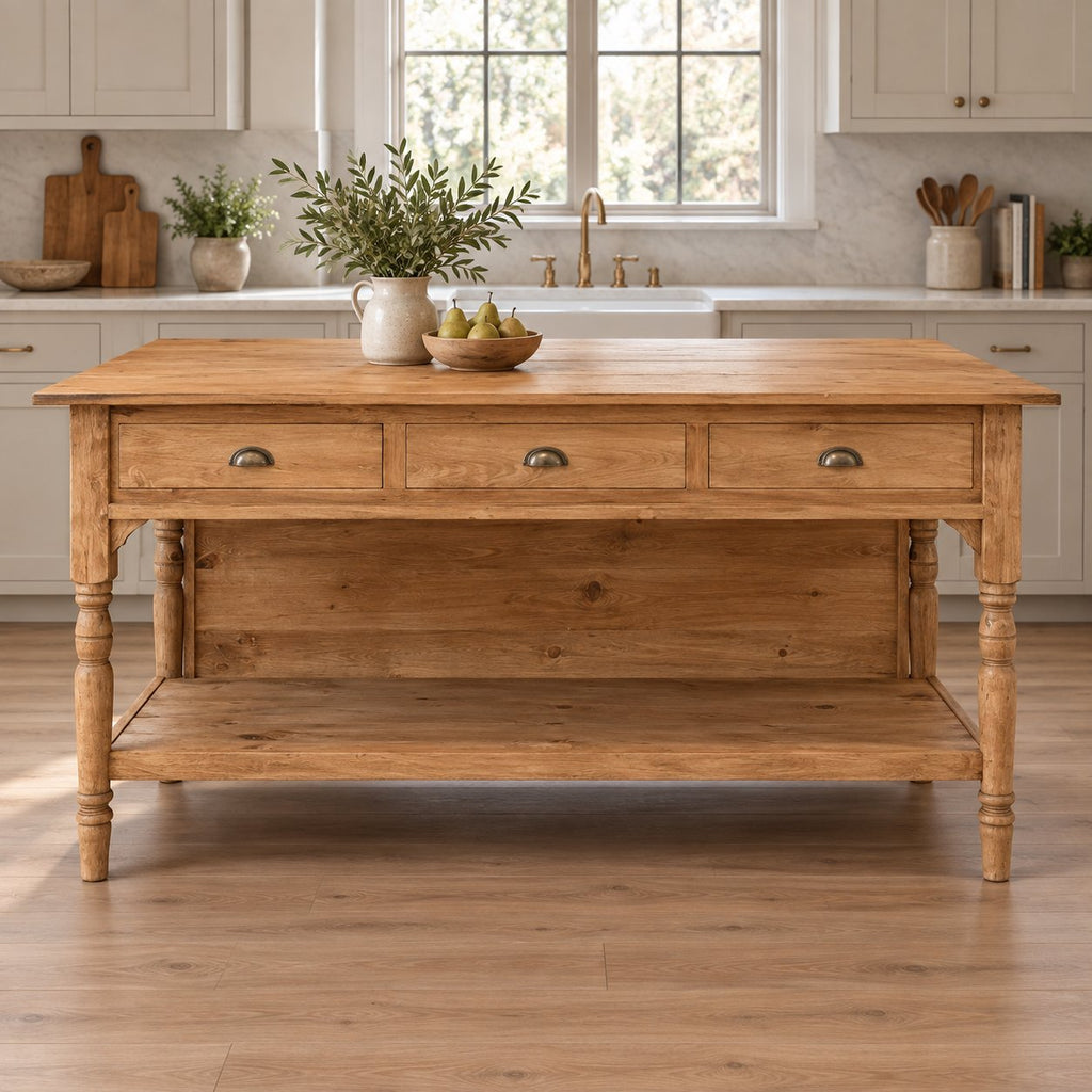 Turned-Leg Solid Pine Kitchen Island, Natural Wood Farmhouse Prep Table with 3 Drawers & Storage Shelf