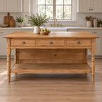 Turned-Leg Solid Pine Kitchen Island, Natural Wood Farmhouse Prep Table with 3 Drawers & Storage Shelf