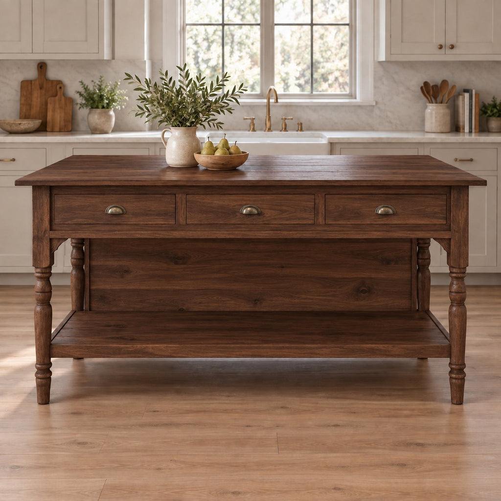 Turned-Leg Solid Pine Kitchen Island, Natural Wood Farmhouse Prep Table with 3 Drawers & Storage Shelf