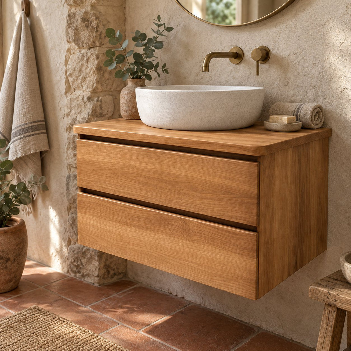 Floating Oak Bathroom Vanity, Wall-Mounted Solid Wood Sink Cabinet with Soft-Close Drawers