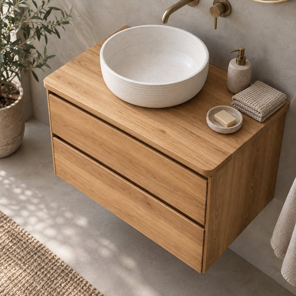 Floating Oak Bathroom Vanity, Wall-Mounted Solid Wood Sink Cabinet with Soft-Close Drawers