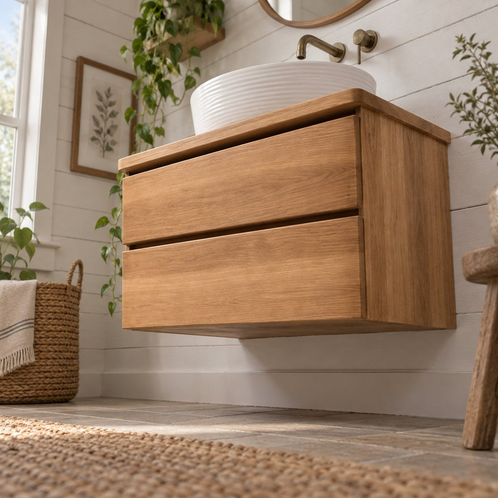 Floating Oak Bathroom Vanity, Wall-Mounted Solid Wood Sink Cabinet with Soft-Close Drawers