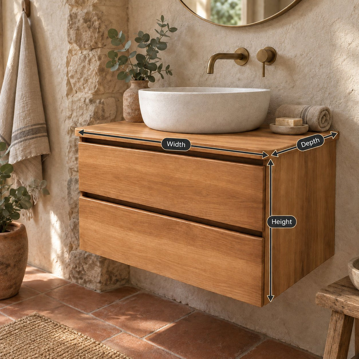 Floating Oak Bathroom Vanity, Wall-Mounted Solid Wood Sink Cabinet with Soft-Close Drawers