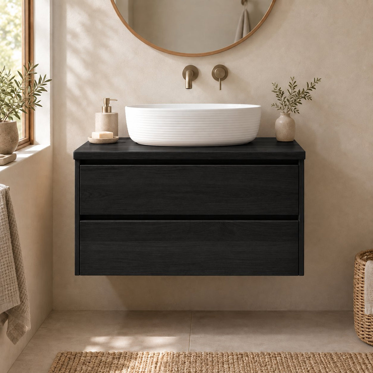 Floating Oak Bathroom Vanity, Wall-Mounted Solid Wood Sink Cabinet with Soft-Close Drawers