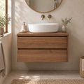 Floating Oak Bathroom Vanity, Wall-Mounted Solid Wood Sink Cabinet with Soft-Close Drawers