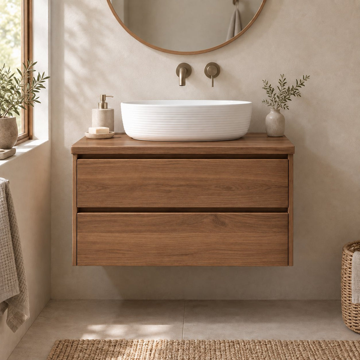 Floating Oak Bathroom Vanity, Wall-Mounted Solid Wood Sink Cabinet with Soft-Close Drawers