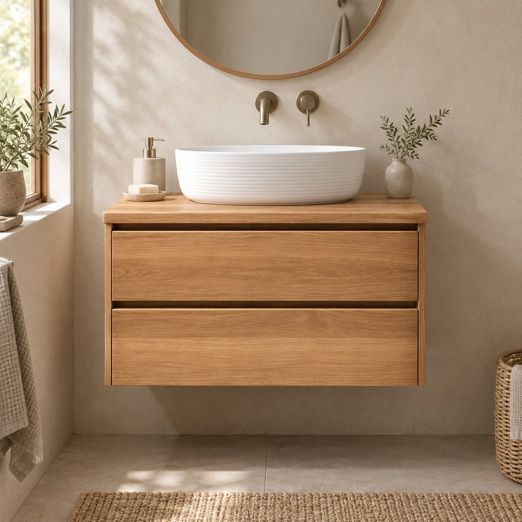 Floating Oak Bathroom Vanity, Wall-Mounted Solid Wood Sink Cabinet with Soft-Close Drawers
