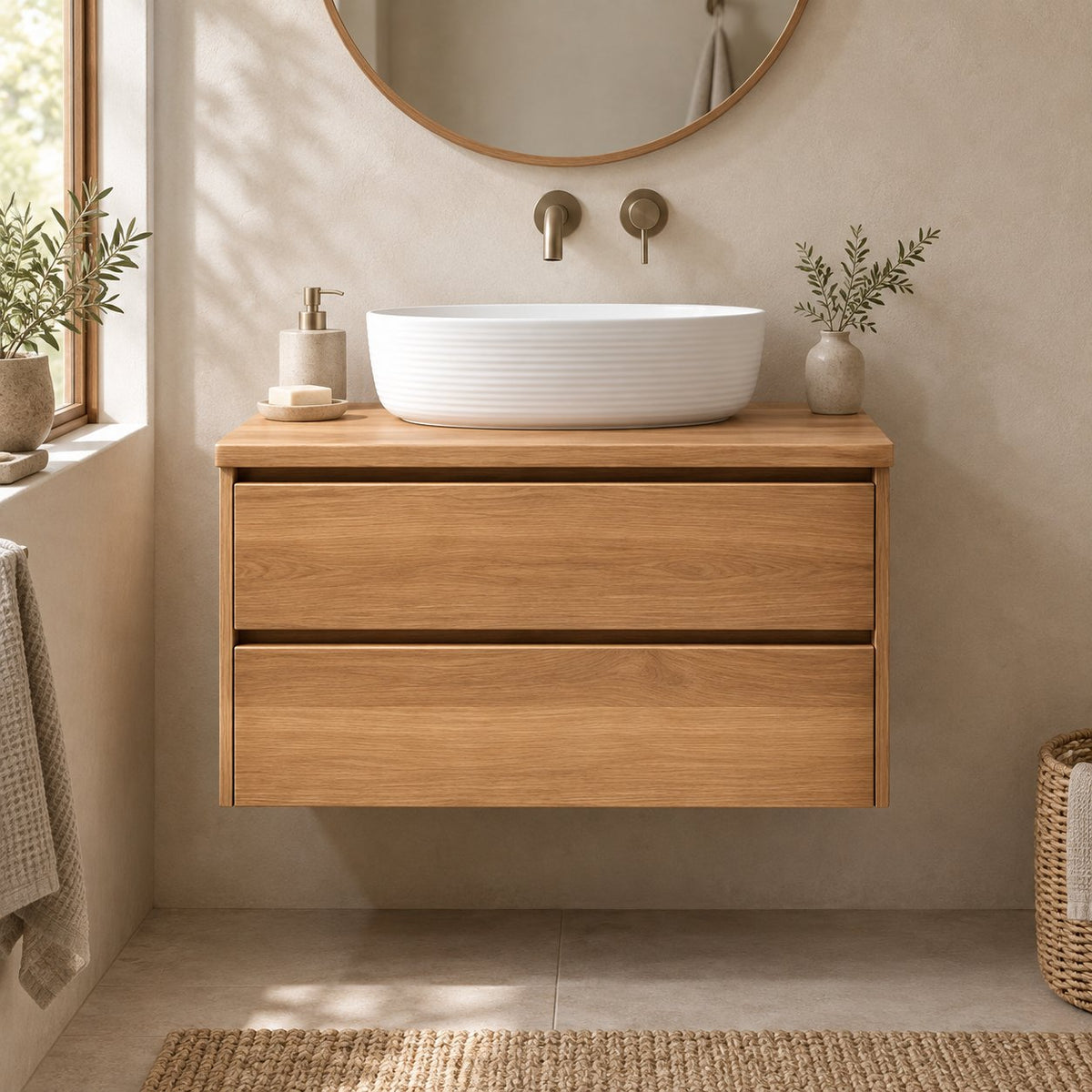 Floating Oak Bathroom Vanity, Wall-Mounted Solid Wood Sink Cabinet with Soft-Close Drawers