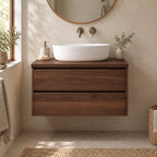 Floating Oak Bathroom Vanity, Wall-Mounted Solid Wood Sink Cabinet with Soft-Close Drawers