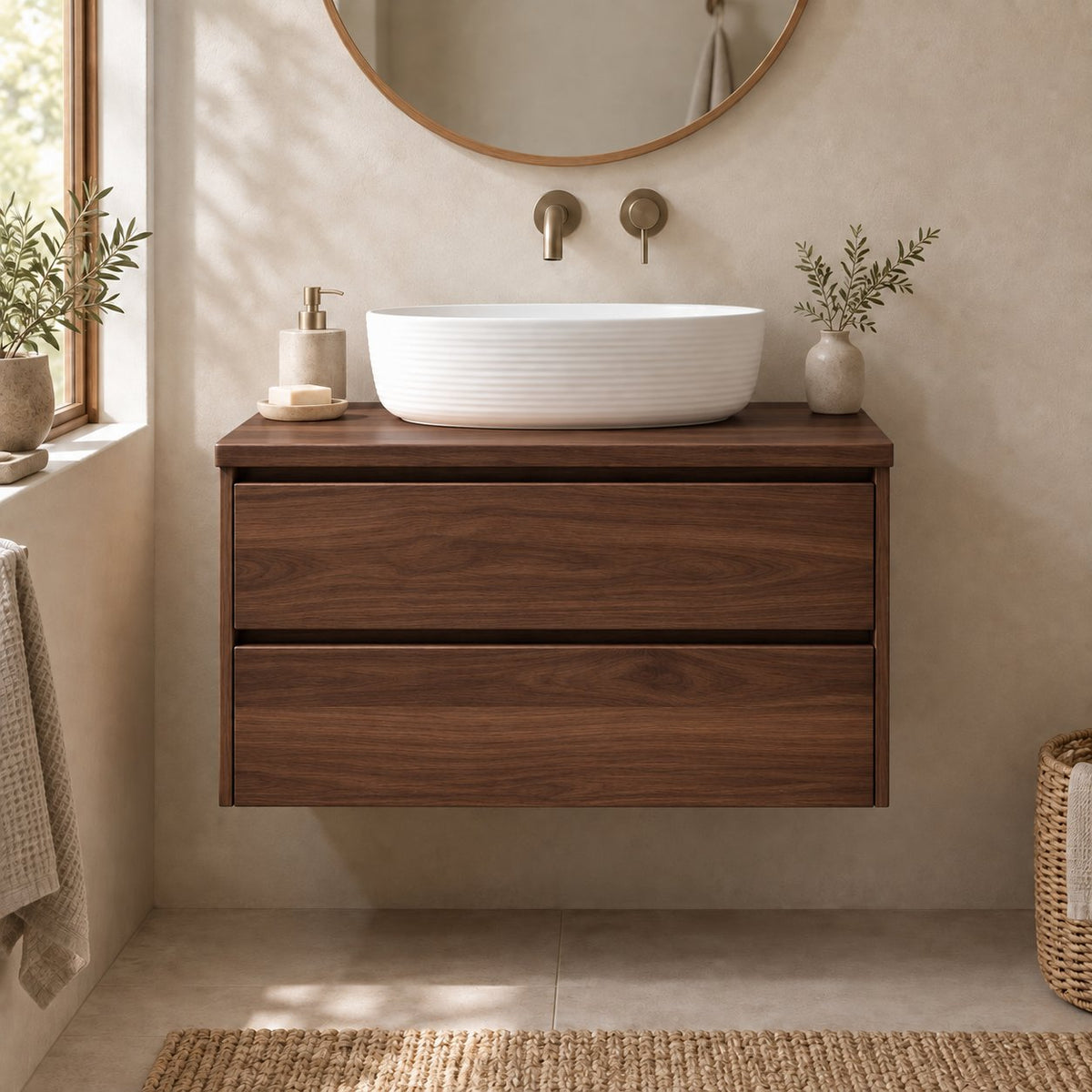 Floating Oak Bathroom Vanity, Wall-Mounted Solid Wood Sink Cabinet with Soft-Close Drawers