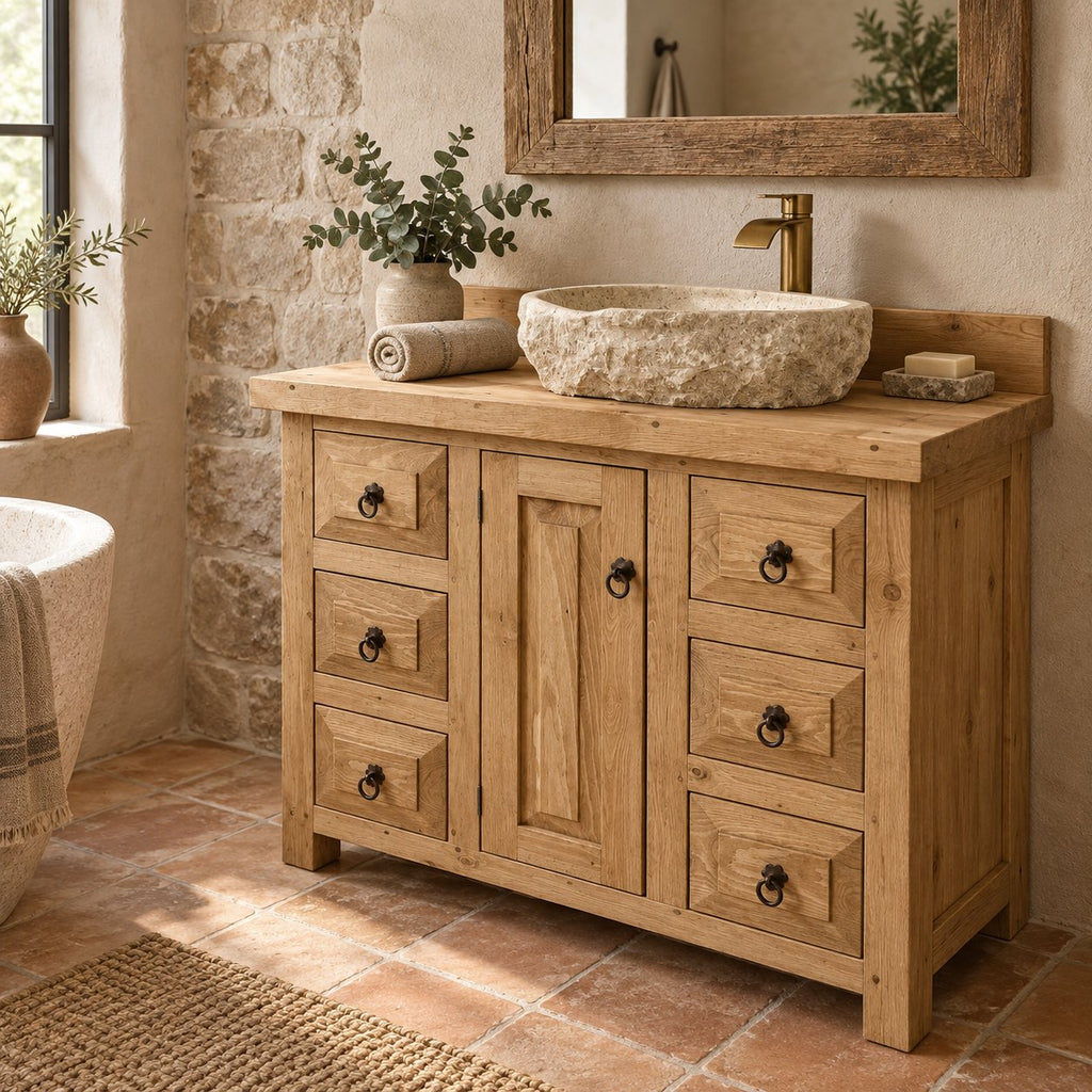 Farmhouse Solid Pine Bathroom Vanity with Stone Vessel Basin, Rustic Sink Cabinet & Iron Ring Pulls