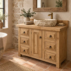 Farmhouse Solid Pine Bathroom Vanity with Stone Vessel Basin, Rustic Sink Cabinet & Iron Ring Pulls
