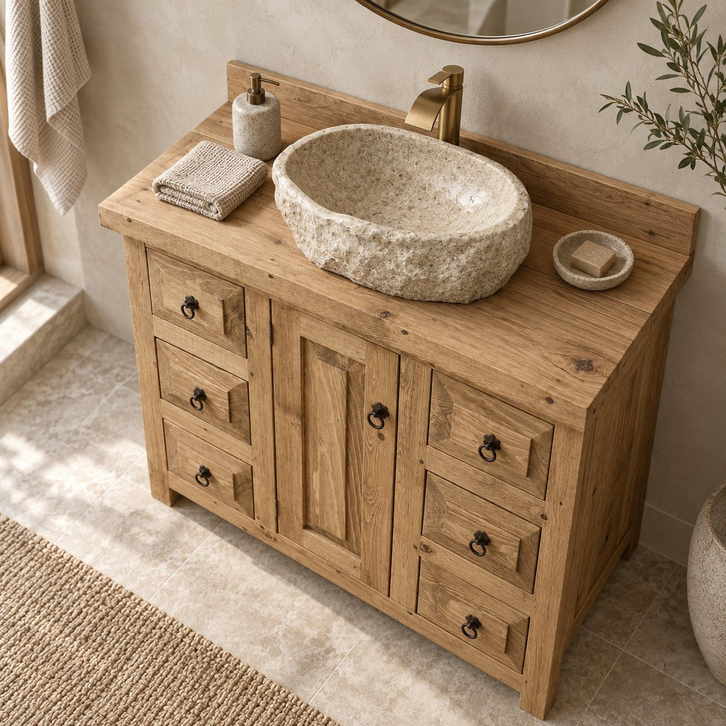Farmhouse Solid Pine Bathroom Vanity with Stone Vessel Basin, Rustic Sink Cabinet & Iron Ring Pulls