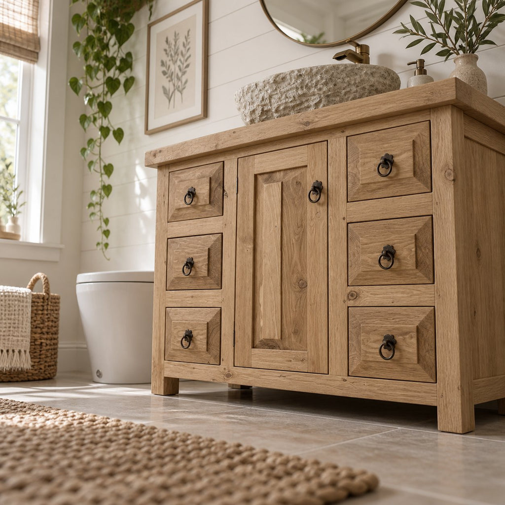 Farmhouse Solid Pine Bathroom Vanity with Stone Vessel Basin, Rustic Sink Cabinet & Iron Ring Pulls