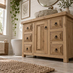 Farmhouse Solid Pine Bathroom Vanity with Stone Vessel Basin, Rustic Sink Cabinet & Iron Ring Pulls