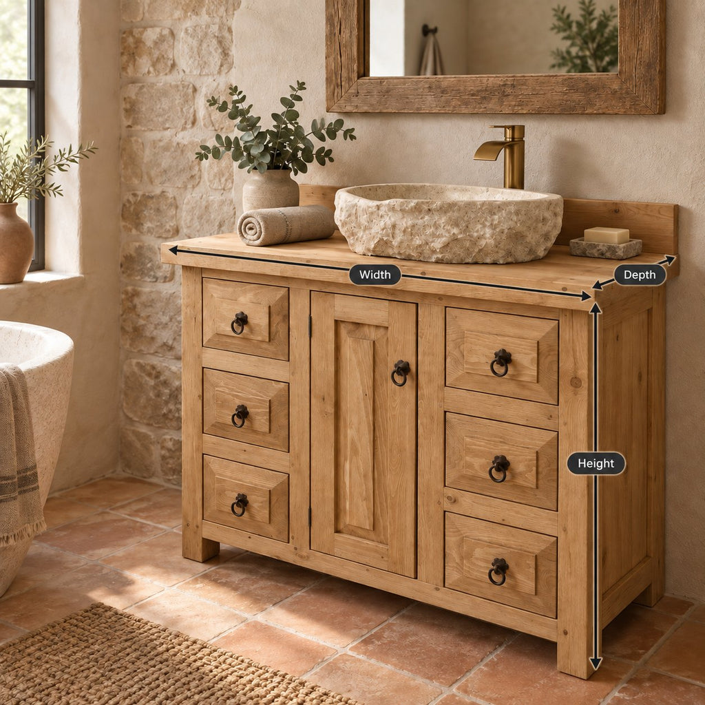 Farmhouse Solid Pine Bathroom Vanity with Stone Vessel Basin, Rustic Sink Cabinet & Iron Ring Pulls