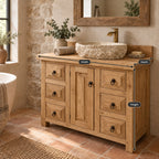 Farmhouse Solid Pine Bathroom Vanity with Stone Vessel Basin, Rustic Sink Cabinet & Iron Ring Pulls