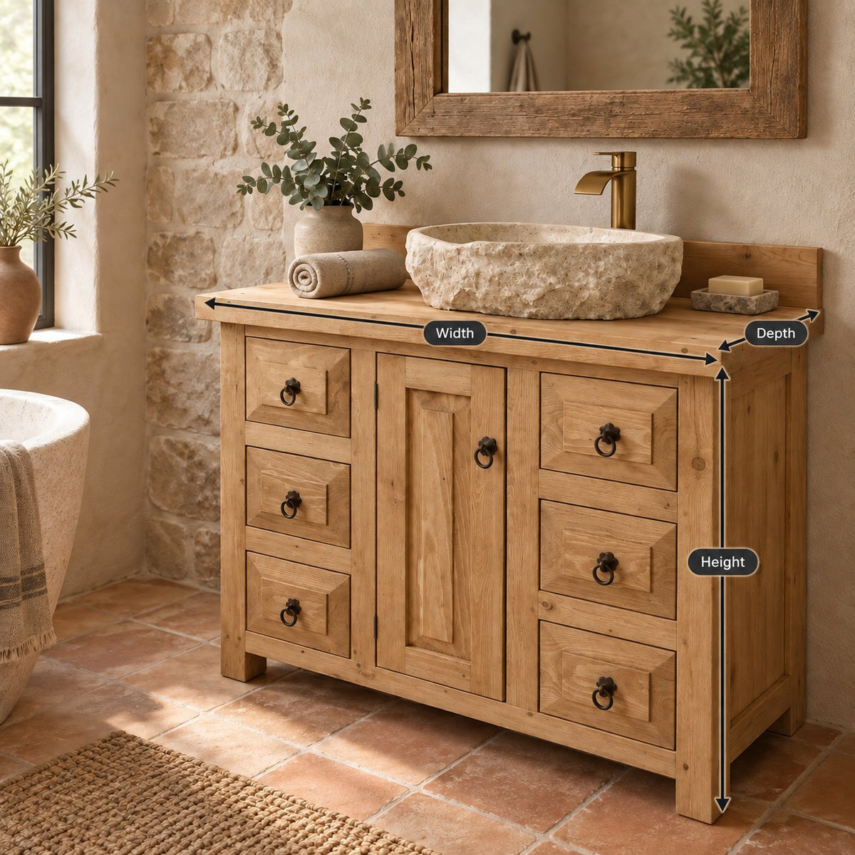 Farmhouse Solid Pine Bathroom Vanity with Stone Vessel Basin, Rustic Sink Cabinet & Iron Ring Pulls