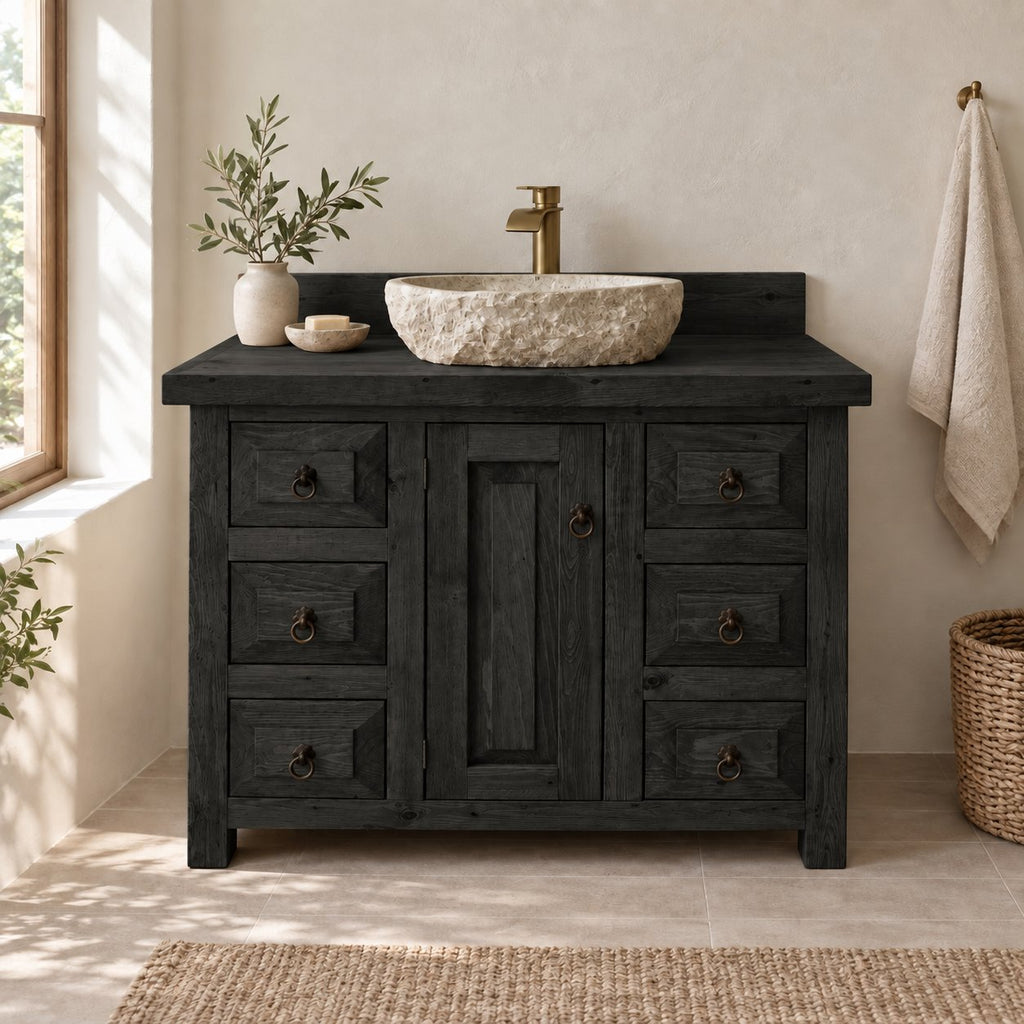 Farmhouse Solid Pine Bathroom Vanity with Stone Vessel Basin, Rustic Sink Cabinet & Iron Ring Pulls