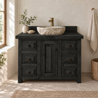 Farmhouse Solid Pine Bathroom Vanity with Stone Vessel Basin, Rustic Sink Cabinet & Iron Ring Pulls