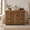 Farmhouse Solid Pine Bathroom Vanity with Stone Vessel Basin, Rustic Sink Cabinet & Iron Ring Pulls