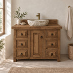 Farmhouse Solid Pine Bathroom Vanity with Stone Vessel Basin, Rustic Sink Cabinet & Iron Ring Pulls