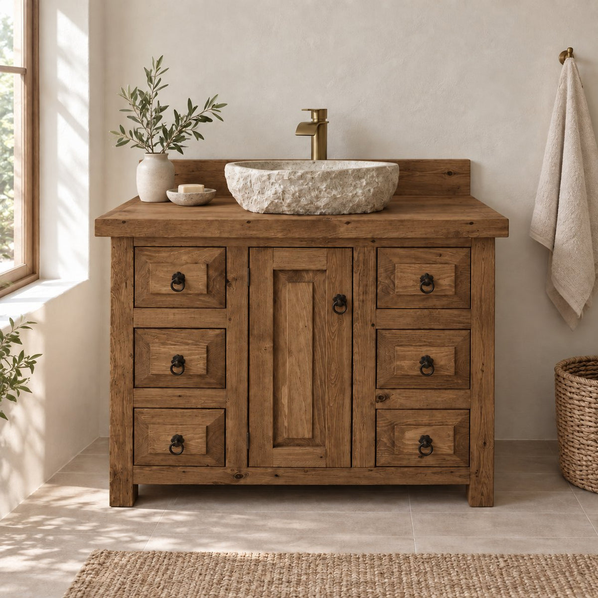 Farmhouse Solid Pine Bathroom Vanity with Stone Vessel Basin, Rustic Sink Cabinet & Iron Ring Pulls