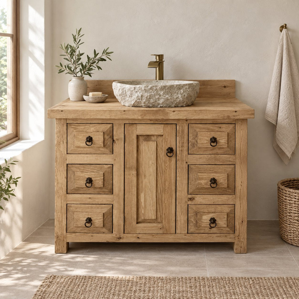 Farmhouse Solid Pine Bathroom Vanity with Stone Vessel Basin, Rustic Sink Cabinet & Iron Ring Pulls
