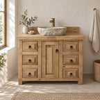Farmhouse Solid Pine Bathroom Vanity with Stone Vessel Basin, Rustic Sink Cabinet & Iron Ring Pulls