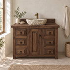 Farmhouse Solid Pine Bathroom Vanity with Stone Vessel Basin, Rustic Sink Cabinet & Iron Ring Pulls
