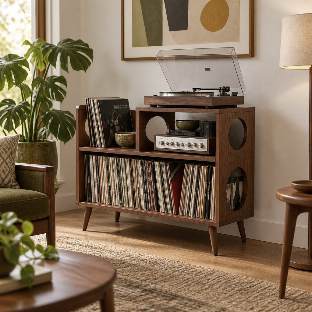 Turned-Leg Solid Wood Record Player Console, Mid-Century Vinyl Storage Cabinet with Amp Shelf & LP Bin