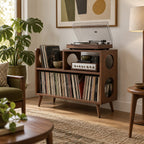 Turned-Leg Solid Wood Record Player Console, Mid-Century Vinyl Storage Cabinet with Amp Shelf & LP Bin