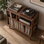 Turned-Leg Solid Wood Record Player Console, Mid-Century Vinyl Storage Cabinet with Amp Shelf & LP Bin