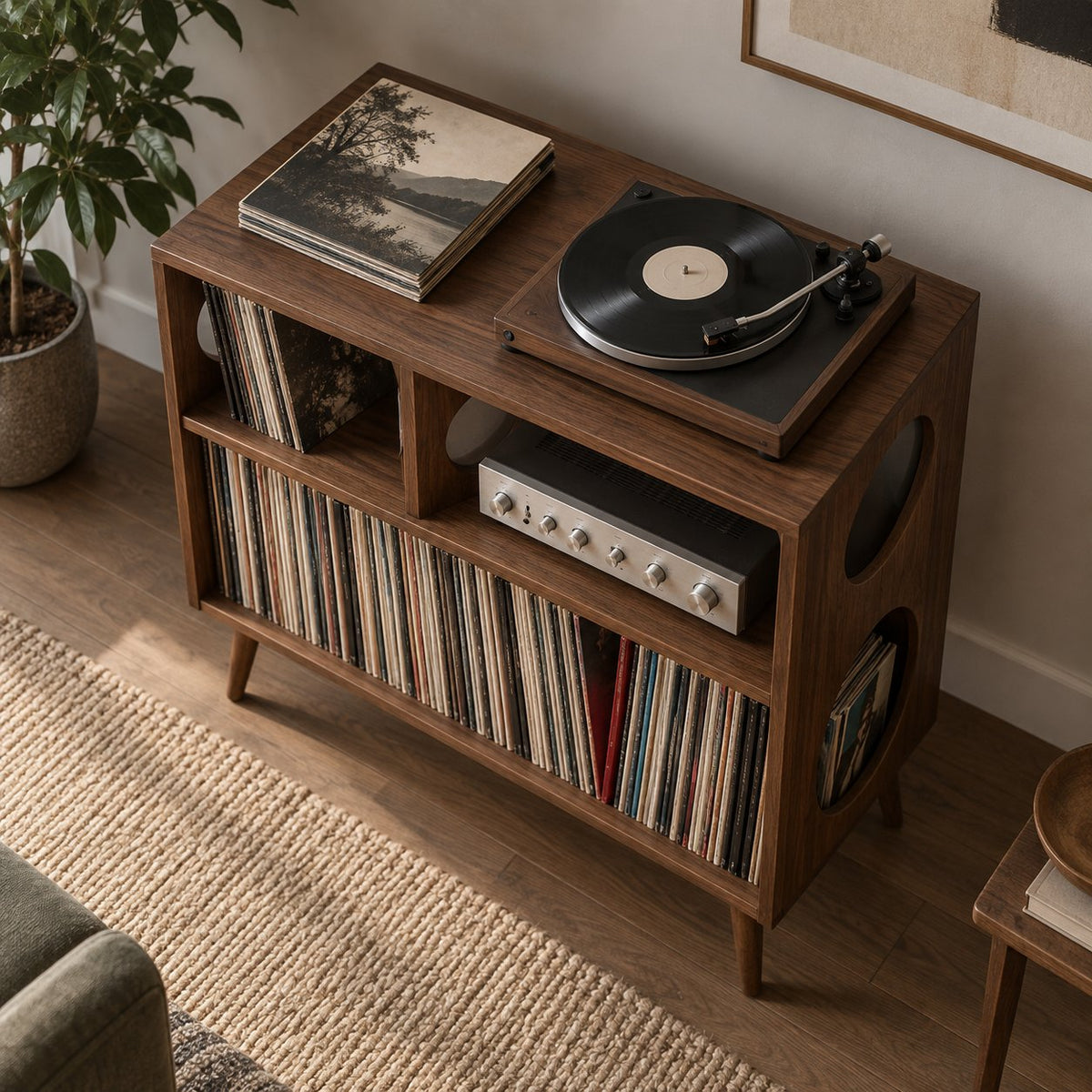 Turned-Leg Solid Wood Record Player Console, Mid-Century Vinyl Storage Cabinet with Amp Shelf & LP Bin