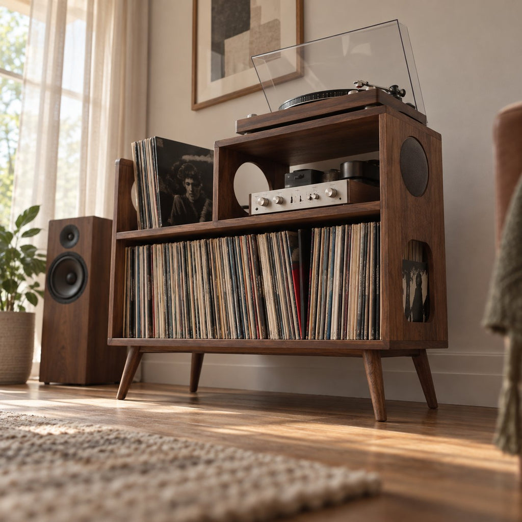 Turned-Leg Solid Wood Record Player Console, Mid-Century Vinyl Storage Cabinet with Amp Shelf & LP Bin