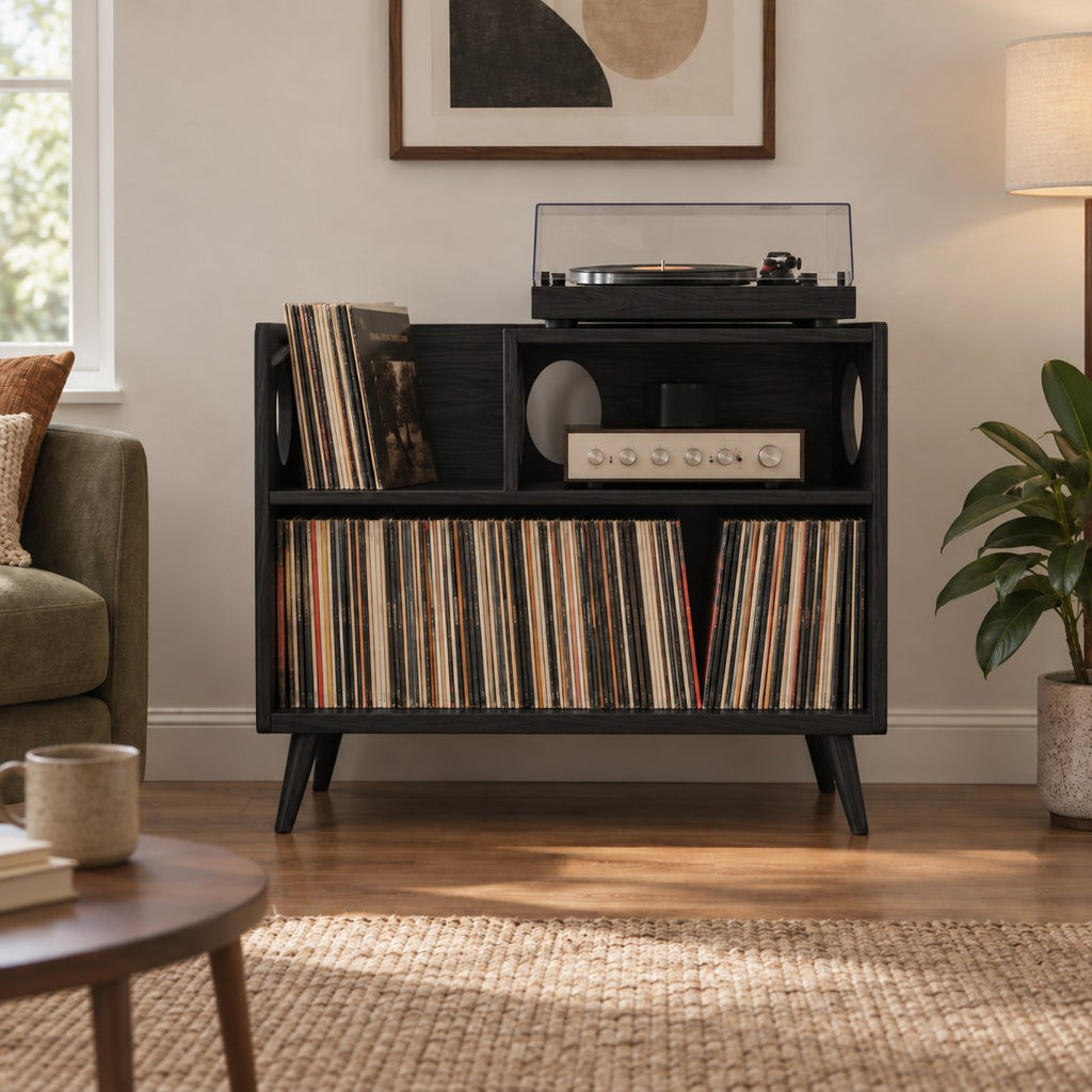 Turned-Leg Solid Wood Record Player Console, Mid-Century Vinyl Storage Cabinet with Amp Shelf & LP Bin