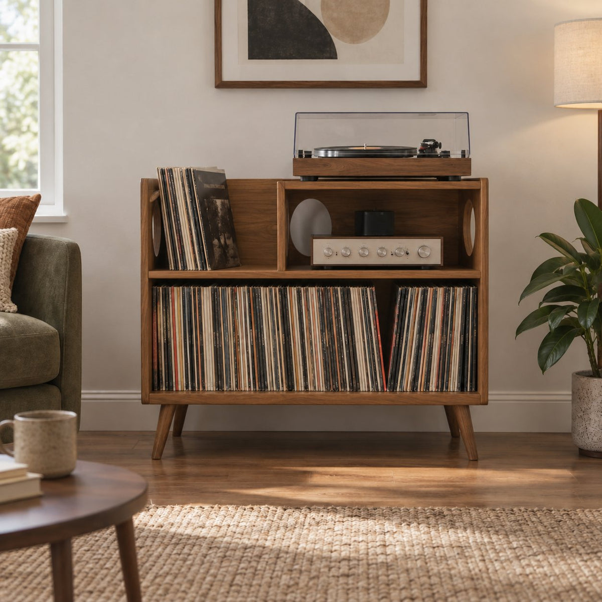 Turned-Leg Solid Wood Record Player Console, Mid-Century Vinyl Storage Cabinet with Amp Shelf & LP Bin