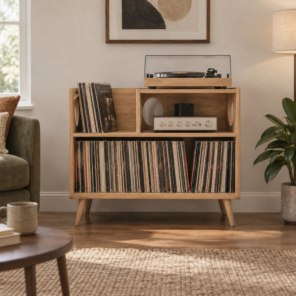 Turned-Leg Solid Wood Record Player Console, Mid-Century Vinyl Storage Cabinet with Amp Shelf & LP Bin